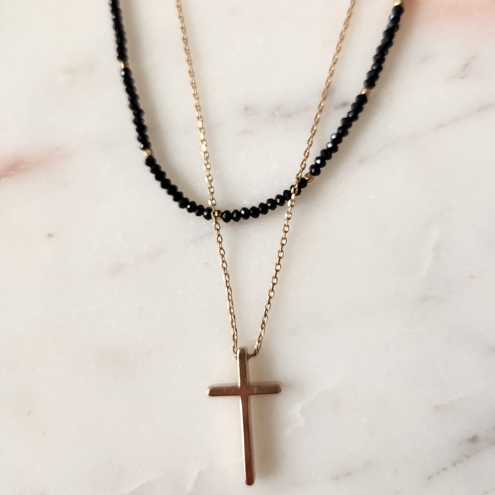 Gold Cross Necklace with Black Beads